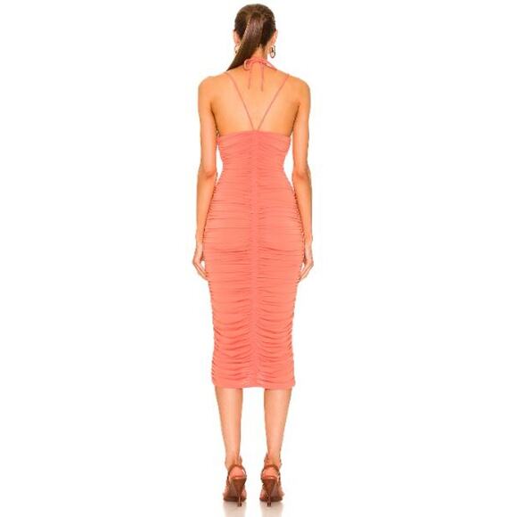 ALC Allegra Ruched Bead Embellished Midi Dress Bodycon Halter Orange Size Medium - Picture 7 of 12